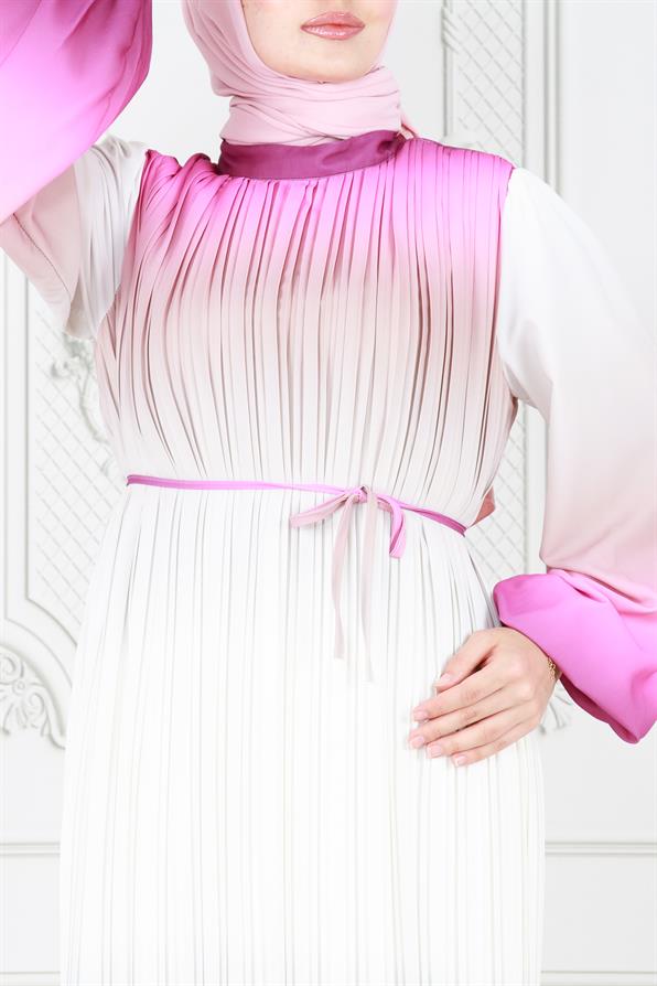 فستان حجاب رخامي بطيات - فوشيا اللون