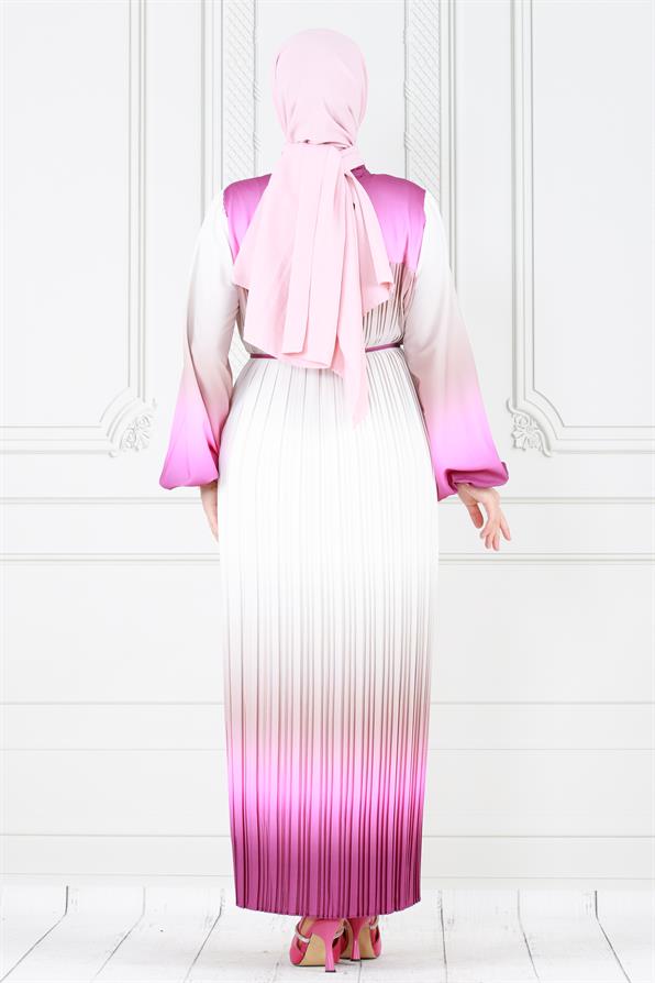 فستان حجاب رخامي بطيات - فوشيا اللون