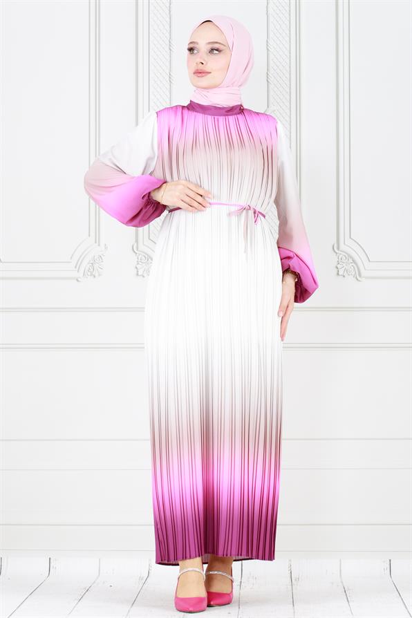 فستان حجاب رخامي بطيات - فوشيا اللون