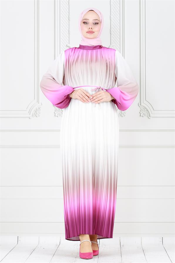 فستان حجاب رخامي بطيات - فوشيا اللون