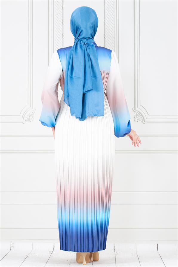 فستان حجاب رخامي بطيات - نيلي اللون