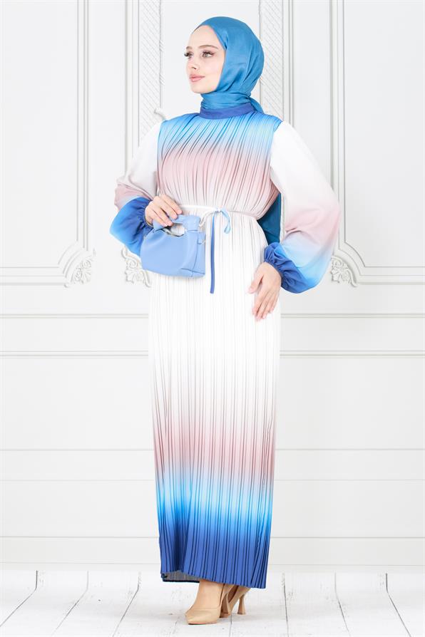 فستان حجاب رخامي بطيات - نيلي اللون