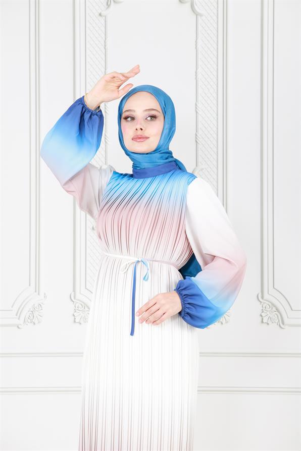 فستان حجاب رخامي بطيات - نيلي اللون
