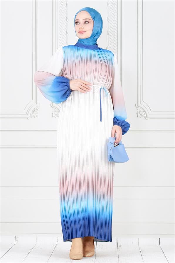 فستان حجاب رخامي بطيات - نيلي اللون