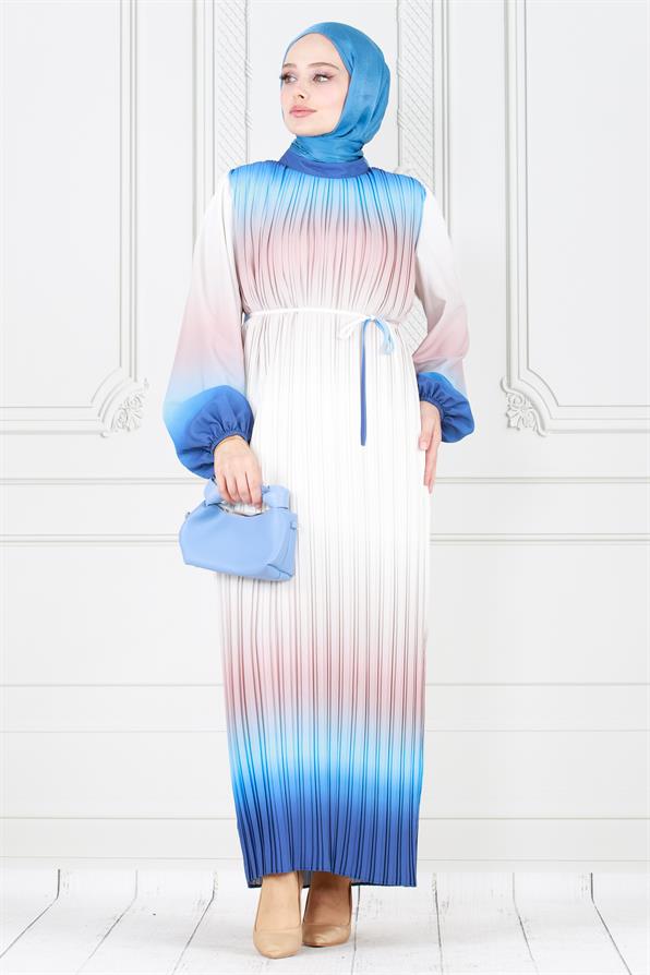 فستان حجاب رخامي بطيات - نيلي اللون