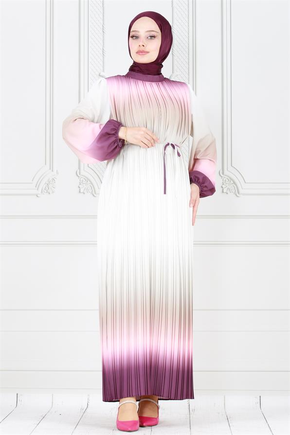 فستان حجاب رخامي بطيات - بنفسجي اللون