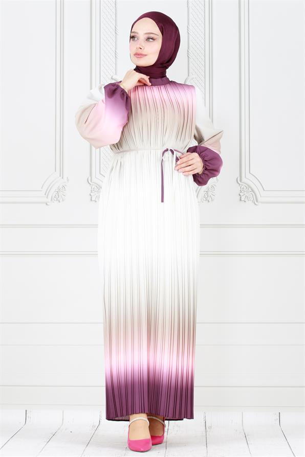فستان حجاب رخامي بطيات - بنفسجي اللون