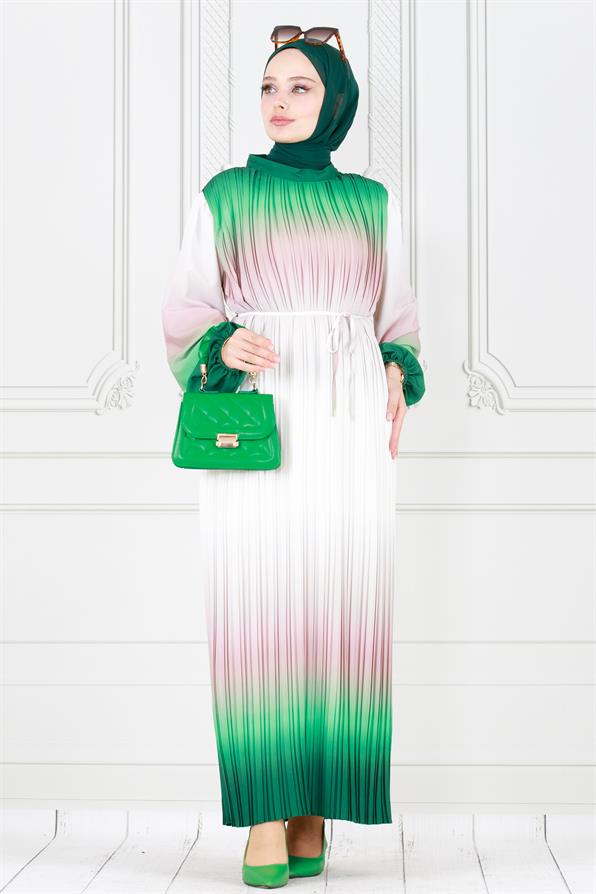 فستان حجاب رخامي بطيات - أخضر زمردي  اللون
