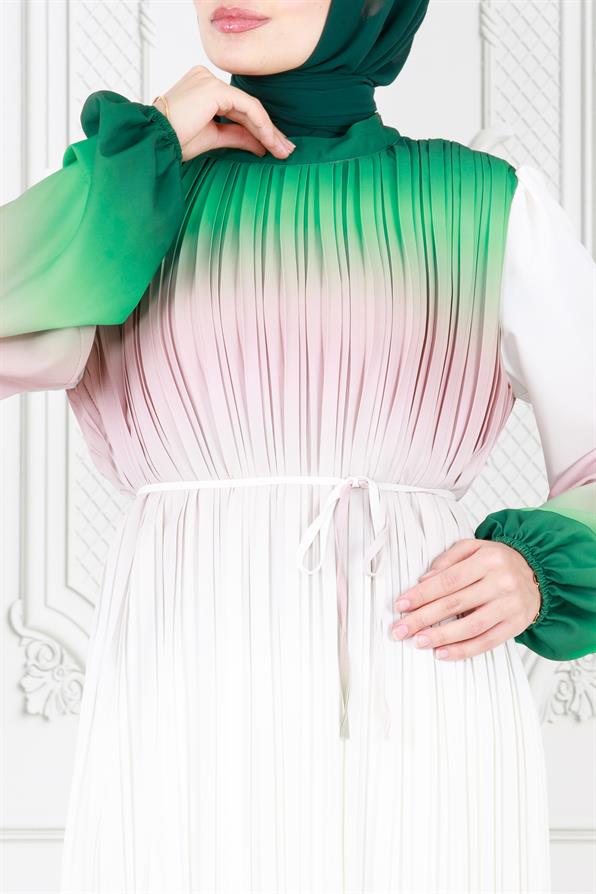 فستان حجاب رخامي بطيات - أخضر زمردي  اللون