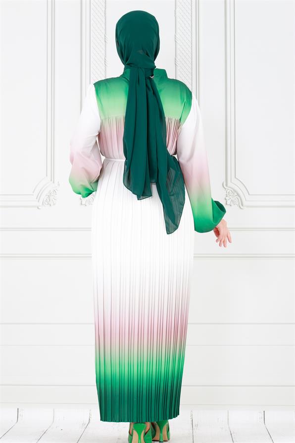 فستان حجاب رخامي بطيات - أخضر زمردي  اللون