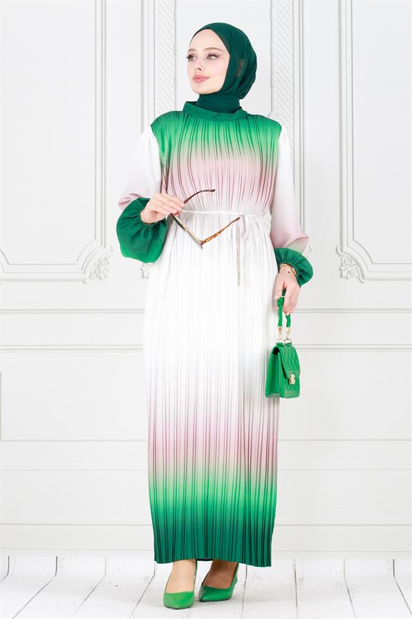 فستان حجاب رخامي بطيات - أخضر زمردي  اللون