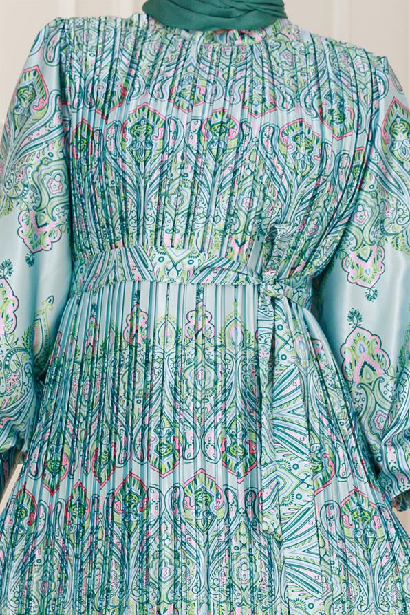 Piliseli Eteği Volanlı Saten Mona Elbise-Mint Yeşili