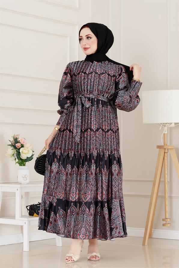 Piliseli Eteği Volanlı Saten Mona Elbise-Siyah