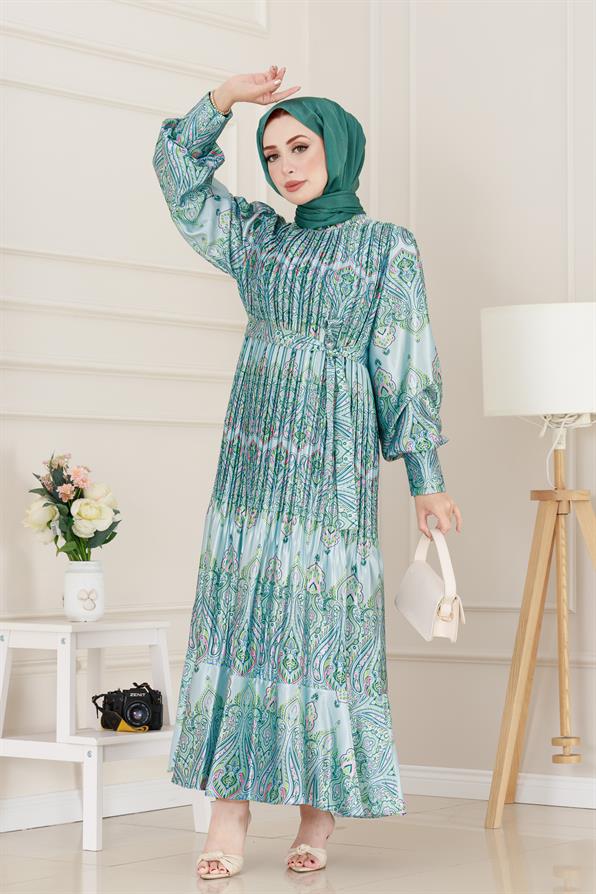 Piliseli Eteği Volanlı Saten Mona Elbise-Mint Yeşili