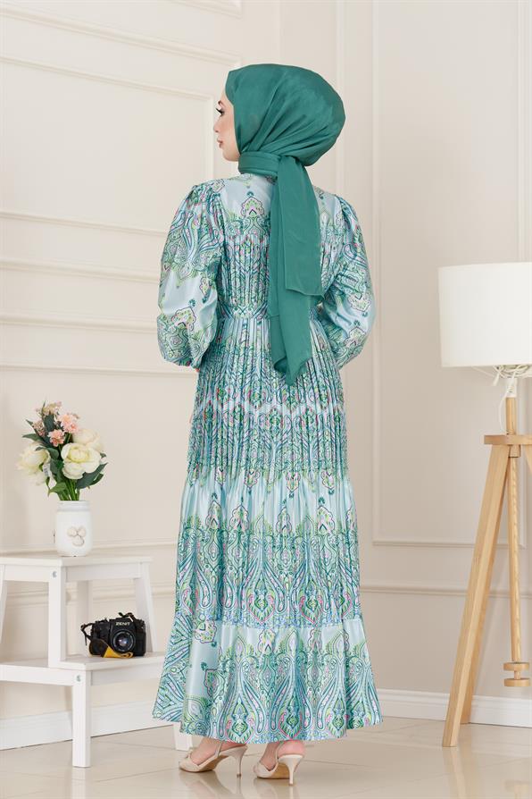 Piliseli Eteği Volanlı Saten Mona Elbise-Mint Yeşili