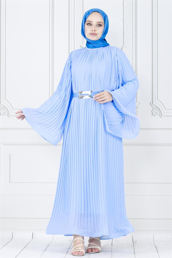 فستان محجبات راقي بتفاصيل طيات كلية /ازرق فاتح