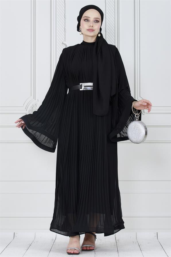 فستان محجبات راقي بتفاصيل طيات كلية /اسود