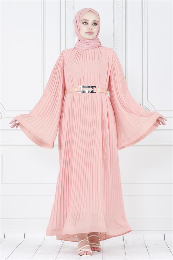 فستان محجبات راقي بتفاصيل طيات كلية /وردي فاتح