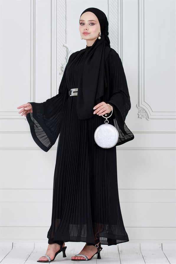 فستان محجبات راقي بتفاصيل طيات كلية /اسود