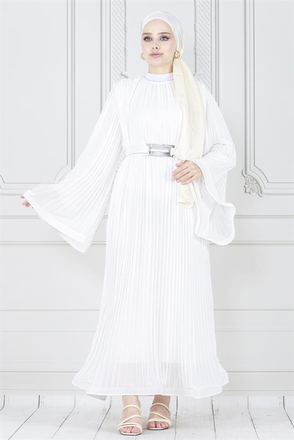فستان محجبات راقي بتفاصيل طيات كلية /ابيض