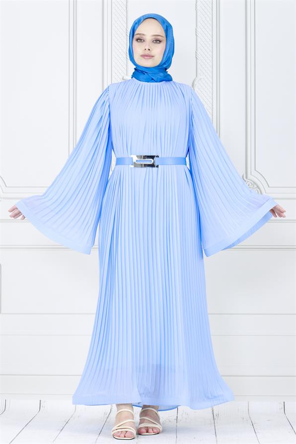 فستان محجبات راقي بتفاصيل طيات كلية /ازرق فاتح