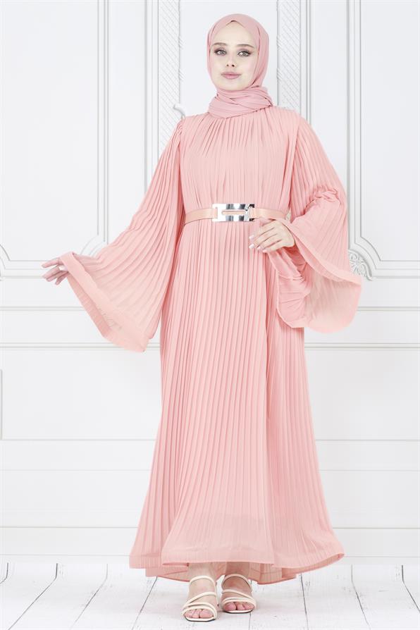 فستان محجبات راقي بتفاصيل طيات كلية /وردي فاتح