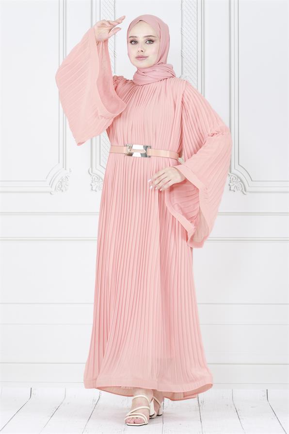 فستان محجبات راقي بتفاصيل طيات كلية /وردي فاتح