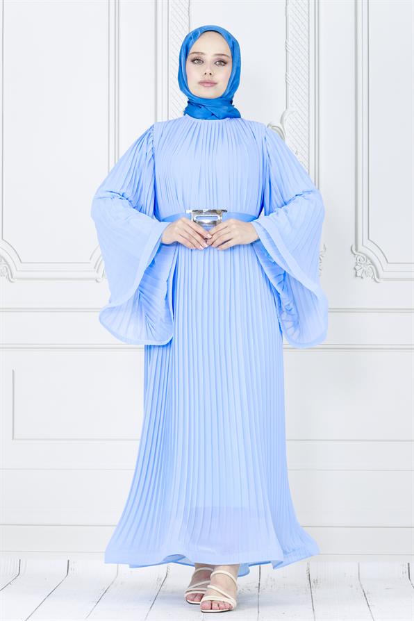 فستان محجبات راقي بتفاصيل طيات كلية /ازرق فاتح