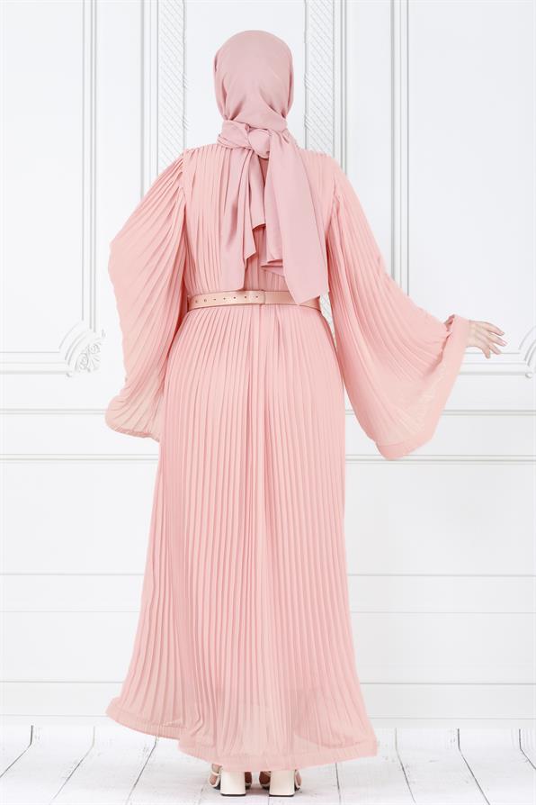 فستان محجبات راقي بتفاصيل طيات كلية /وردي فاتح