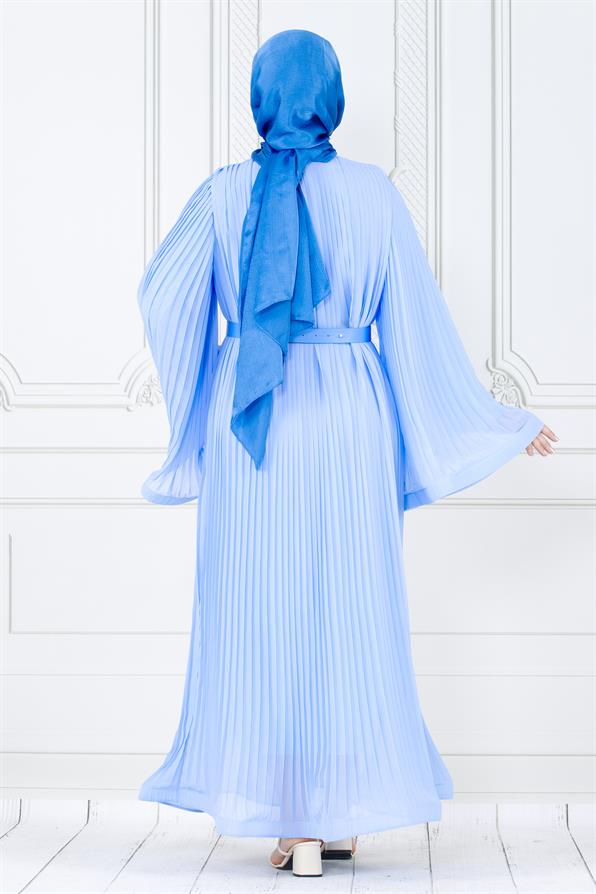 فستان محجبات راقي بتفاصيل طيات كلية /ازرق فاتح