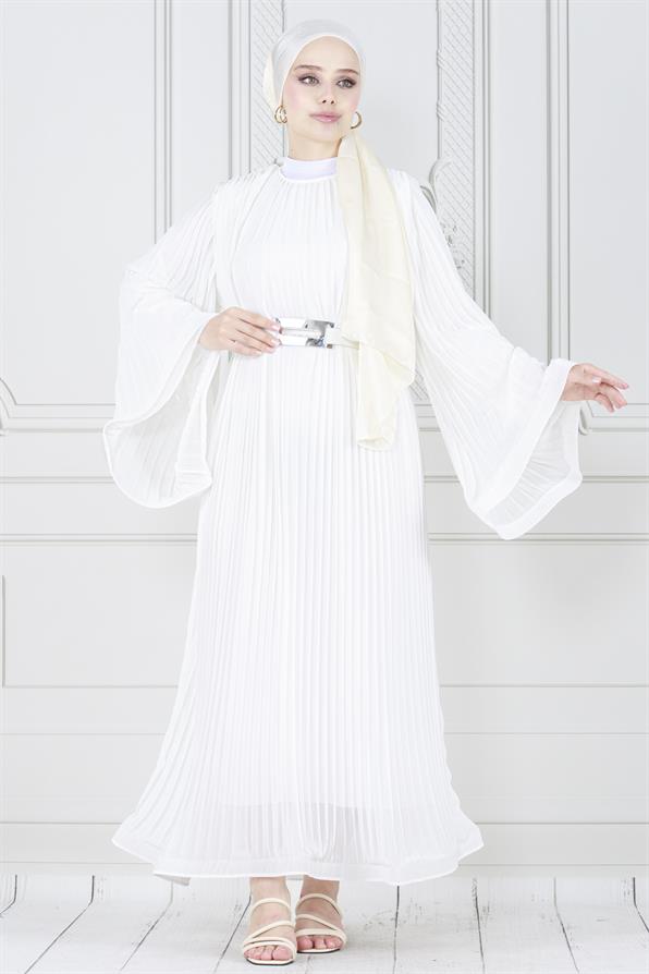 فستان محجبات راقي بتفاصيل طيات كلية /ابيض