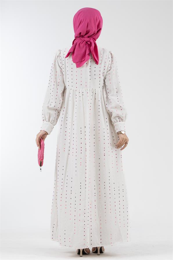 Ponpon Detaylı Astarlı Elbise-Pembe