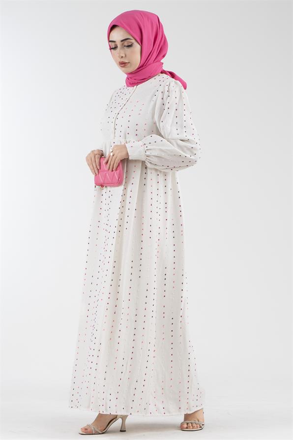 Ponpon Detaylı Astarlı Elbise-Pembe