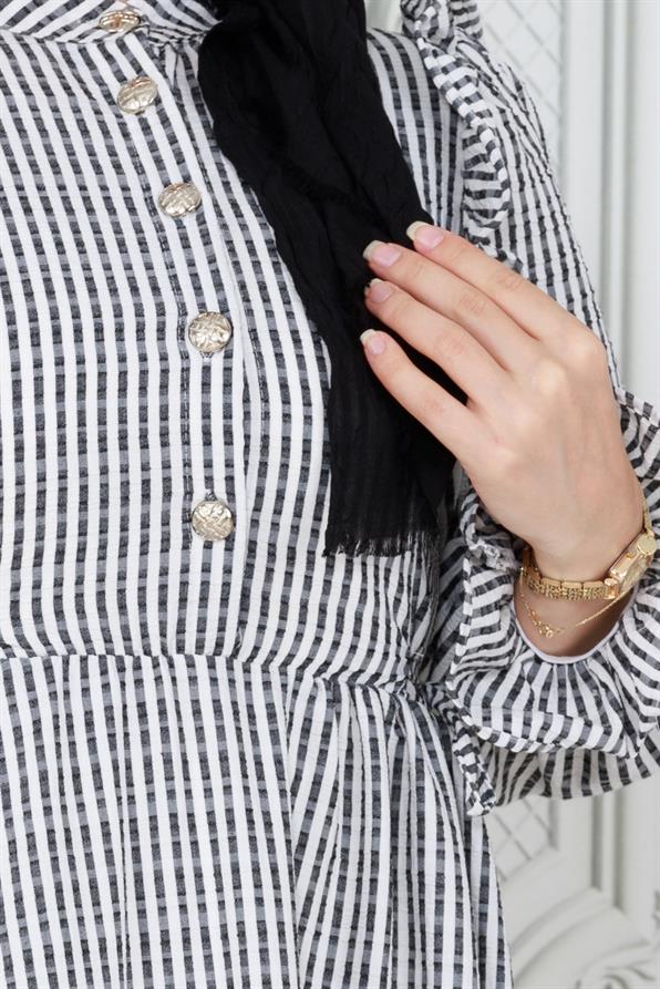 فستان إيدا مزين بكشكشة من القماش القطني-أسود