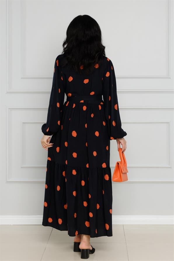 Puantiyeli Kuşaklı Eylül Elbise-Kahverengi