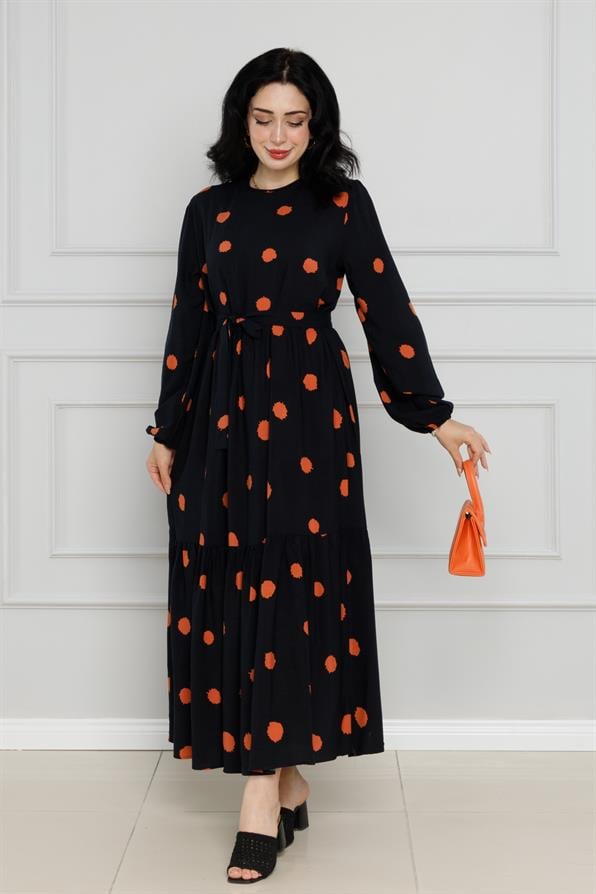 Puantiyeli Kuşaklı Eylül Elbise-Kahverengi