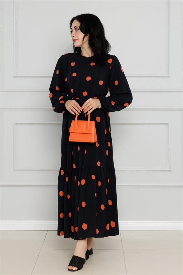 Puantiyeli Kuşaklı Eylül Elbise-Kahverengi