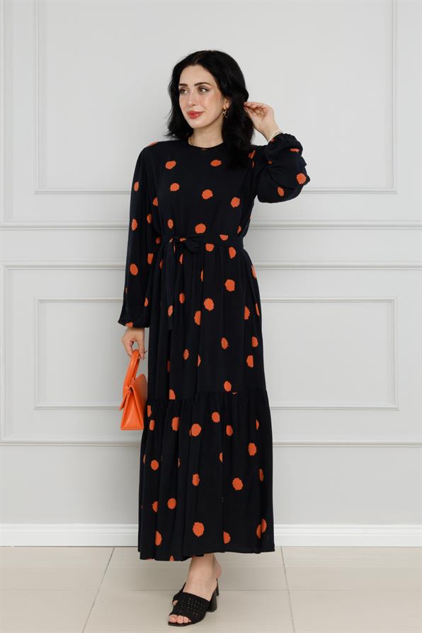 Puantiyeli Kuşaklı Eylül Elbise-Kahverengi