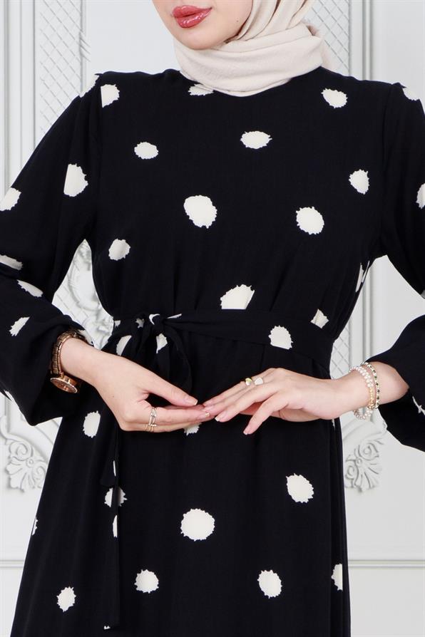 Hijab dotted dress - with belt - Black color
