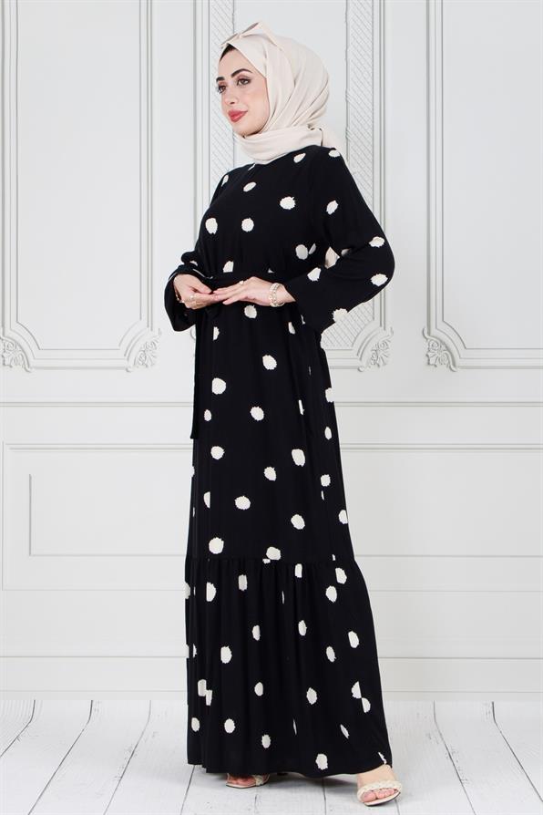 Hijab dotted dress - with belt - Black color