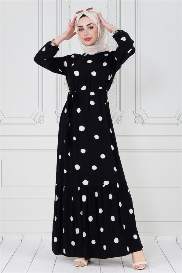 Hijab dotted dress - with belt - Black color