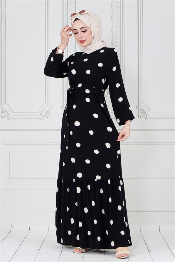 Hijab dotted dress - with belt - Black color