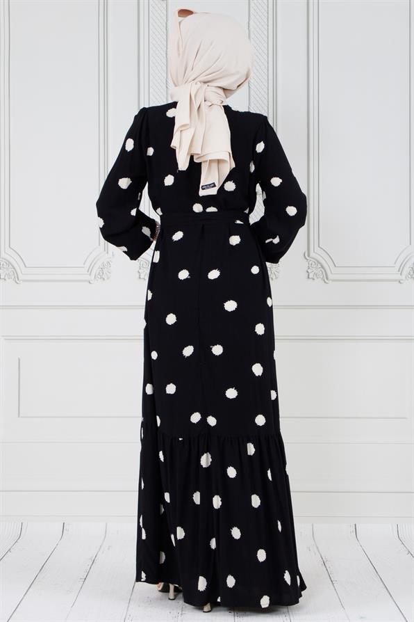Hijab dotted dress - with belt - Black color