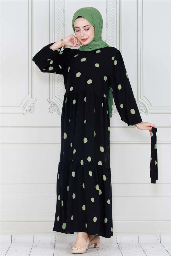 Puantiyeli Prenses Model Elbise-Yeşil