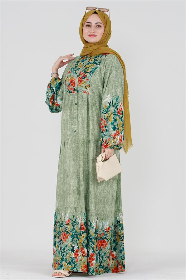 Robe-Floral Patterned Viscose Dress - Green