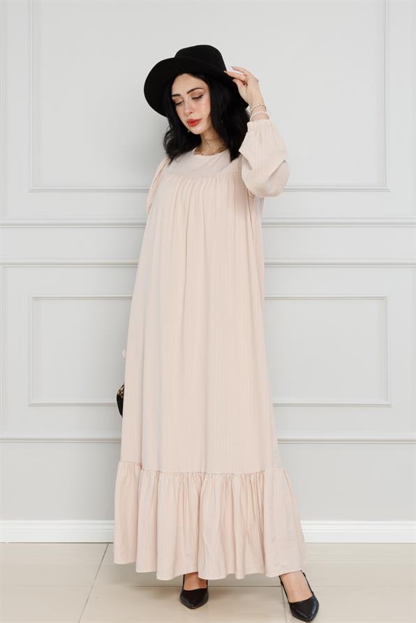 فستان بحزام لون كريمي