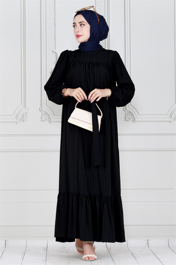 فستان بحزام - لون أسود