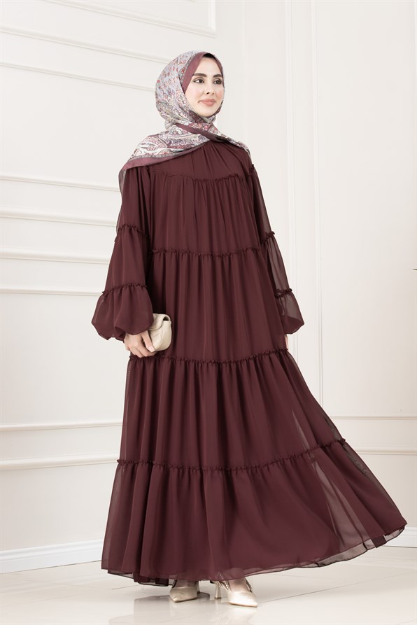 Robalı Manolya Şifon Elbise-BORDO