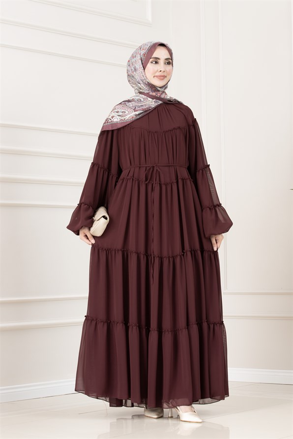Robalı Manolya Şifon Elbise-BORDO