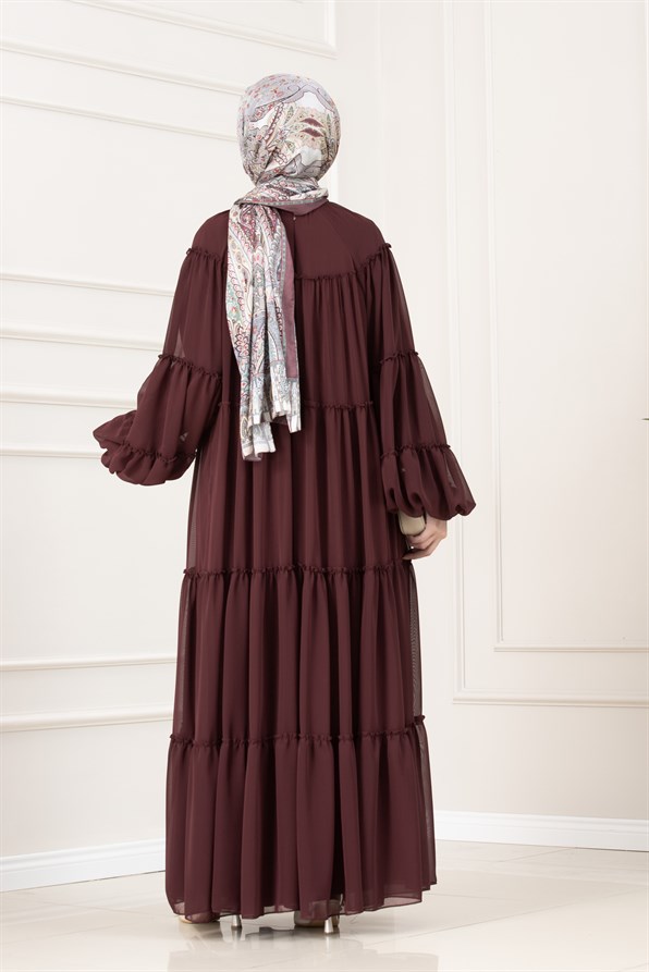Robalı Manolya Şifon Elbise-BORDO